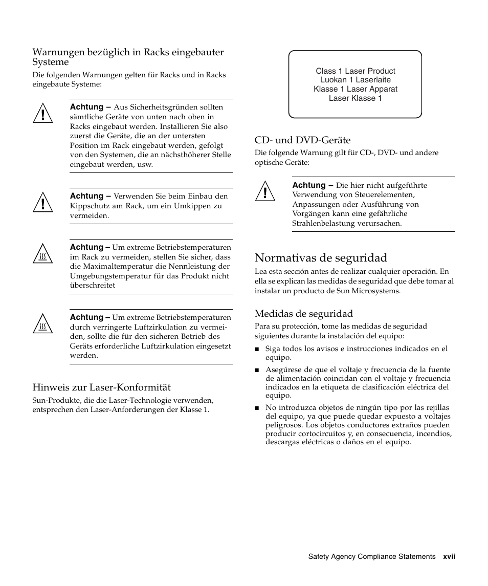 Warnungen bezüglich in racks eingebauter systeme, Hinweis zur laser-konformität, Cd- und dvd-geräte | Normativas de seguridad, Medidas de seguridad | Sun Microsystems Sun StorageTek SG-XPCIE2FCGBE-E-Z User Manual | Page 17 / 54