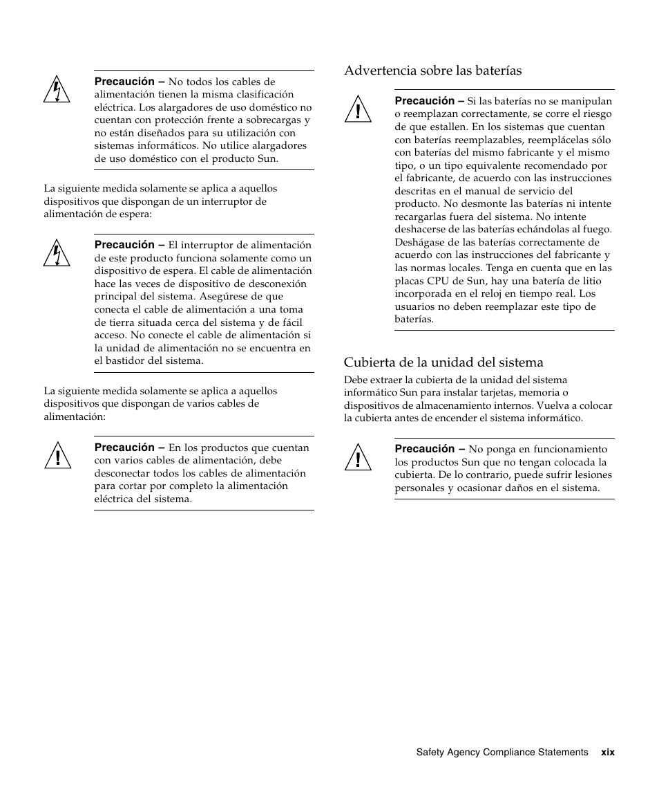 Advertencia sobre las baterías, Cubierta de la unidad del sistema | Sun Microsystems Sun StorageTek SG-XPCIE2FCGBE-E-Z User Manual | Page 19 / 54