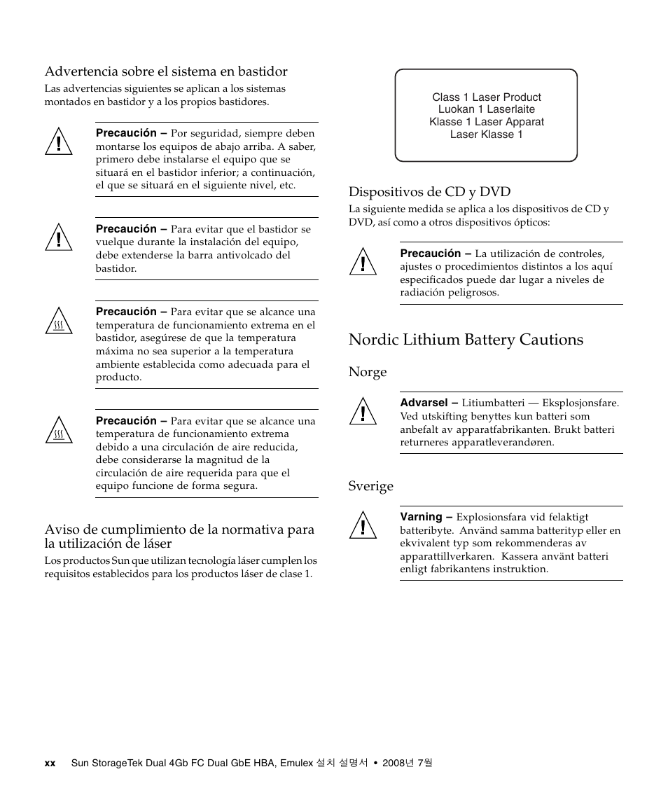 Advertencia sobre el sistema en bastidor, Dispositivos de cd y dvd, Nordic lithium battery cautions | Norge, Sverige | Sun Microsystems Sun StorageTek SG-XPCIE2FCGBE-E-Z User Manual | Page 20 / 54