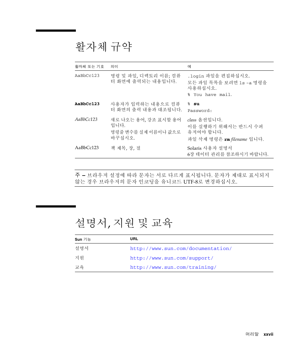 활자체 규약, 설명서, 지원 및 교육 | Sun Microsystems Sun StorageTek SG-XPCIE2FCGBE-E-Z User Manual | Page 27 / 54