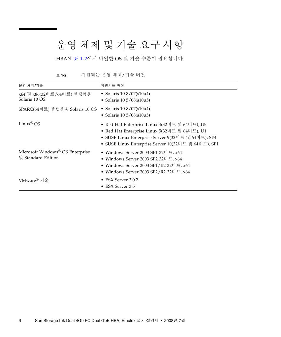 운영 체제 및 기술 요구 사항, 4페이지의 "운영 체제 및 기술 요구 사항 | Sun Microsystems Sun StorageTek SG-XPCIE2FCGBE-E-Z User Manual | Page 32 / 54