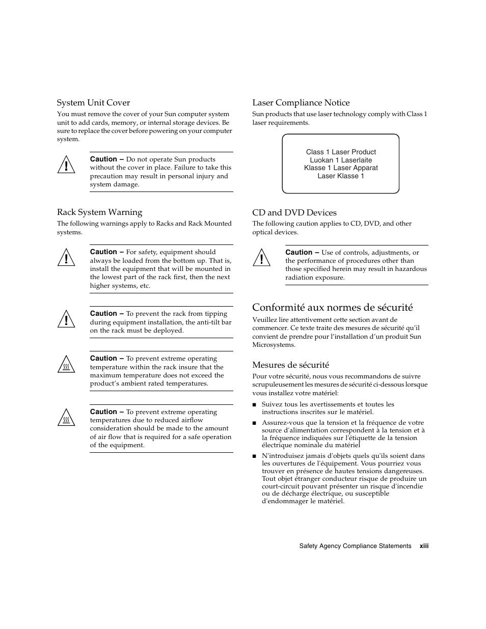 System unit cover, Rack system warning, Laser compliance notice | Cd and dvd devices, Conformité aux normes de sécurité, Mesures de sécurité | Sun Microsystems SG-XPCIE1FC-EM8-Z User Manual | Page 13 / 56