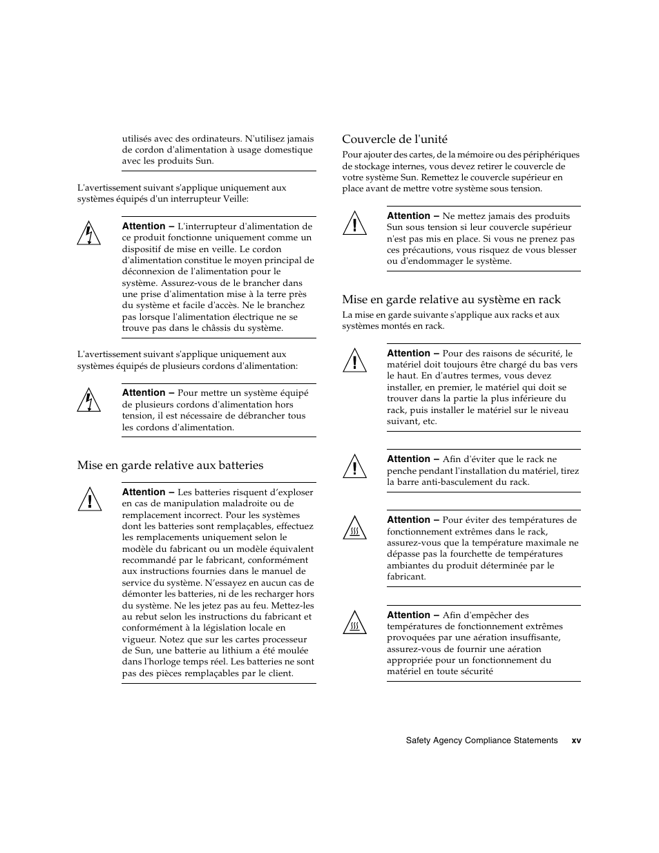 Mise en garde relative aux batteries, Couvercle de l'unité, Mise en garde relative au système en rack | Sun Microsystems SG-XPCIE1FC-EM8-Z User Manual | Page 15 / 56