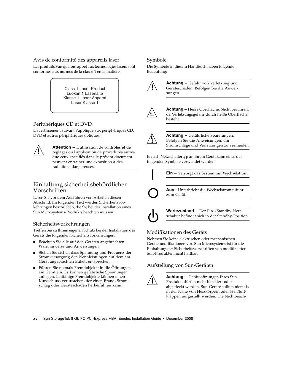 Avis de conformité des appareils laser, Périphériques cd et dvd, Einhaltung sicherheitsbehördlicher vorschriften | Sicherheitsvorkehrungen, Symbole, Modifikationen des geräts, Aufstellung von sun-geräten | Sun Microsystems SG-XPCIE1FC-EM8-Z User Manual | Page 16 / 56