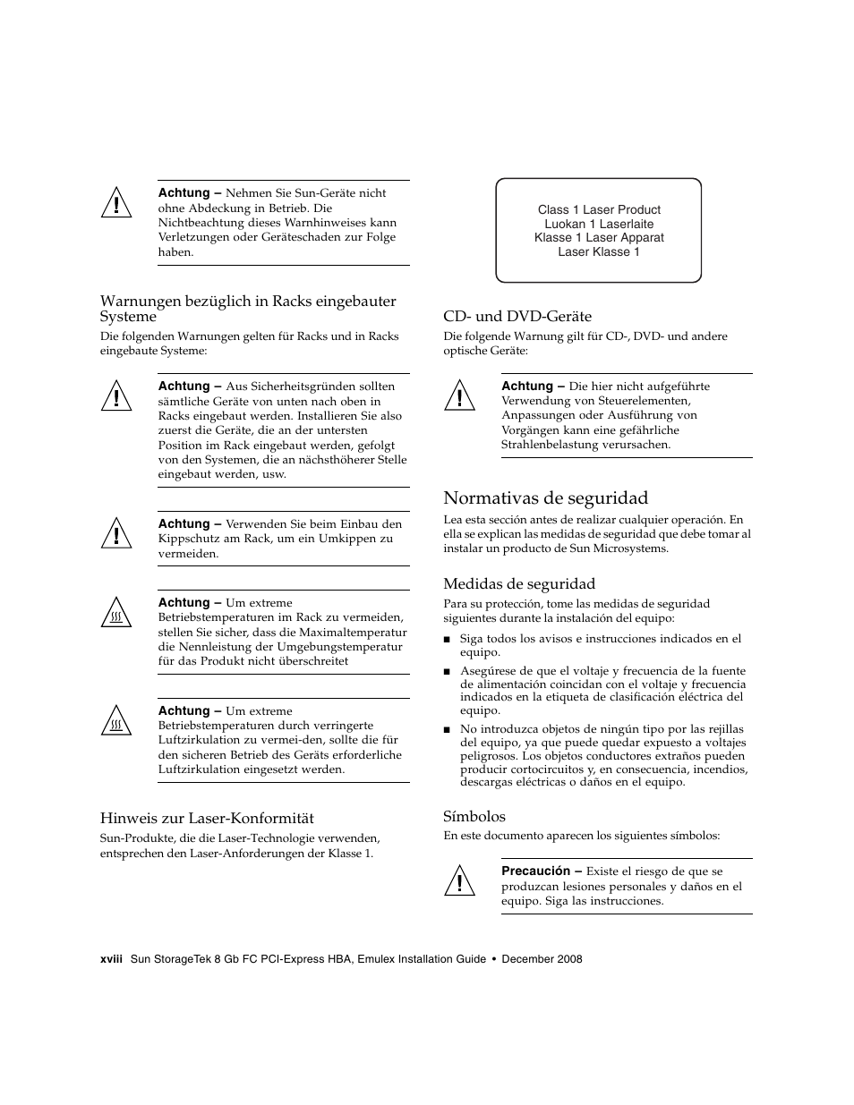 Warnungen bezüglich in racks eingebauter systeme, Hinweis zur laser-konformität, Cd- und dvd-geräte | Normativas de seguridad, Medidas de seguridad, Símbolos | Sun Microsystems SG-XPCIE1FC-EM8-Z User Manual | Page 18 / 56