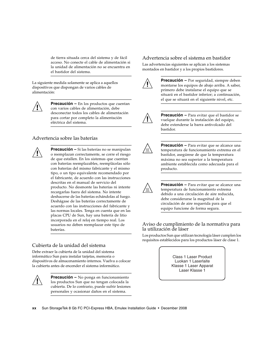 Advertencia sobre las baterías, Cubierta de la unidad del sistema, Advertencia sobre el sistema en bastidor | Sun Microsystems SG-XPCIE1FC-EM8-Z User Manual | Page 20 / 56