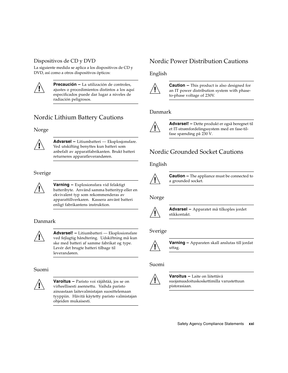 Dispositivos de cd y dvd, Nordic lithium battery cautions, Norge | Sverige, Danmark, Suomi, Nordic power distribution cautions, English, Nordic grounded socket cautions | Sun Microsystems SG-XPCIE1FC-EM8-Z User Manual | Page 21 / 56