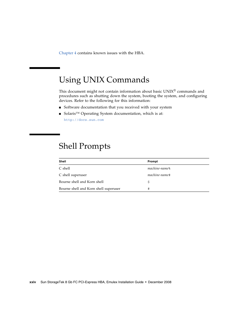 Using unix commands, Shell prompts | Sun Microsystems SG-XPCIE1FC-EM8-Z User Manual | Page 24 / 56