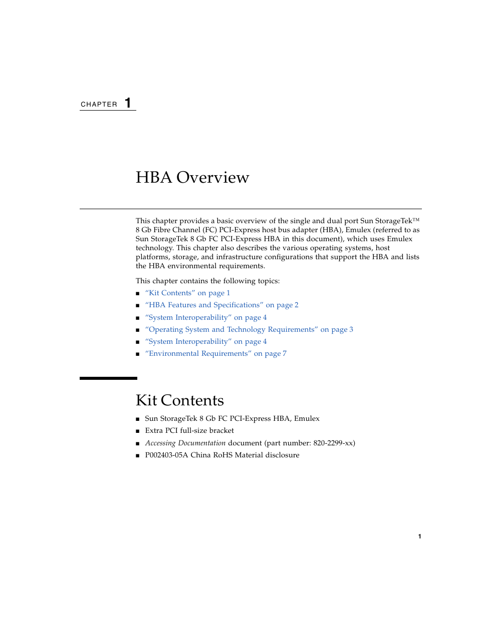 Hba overview, Kit contents | Sun Microsystems SG-XPCIE1FC-EM8-Z User Manual | Page 27 / 56