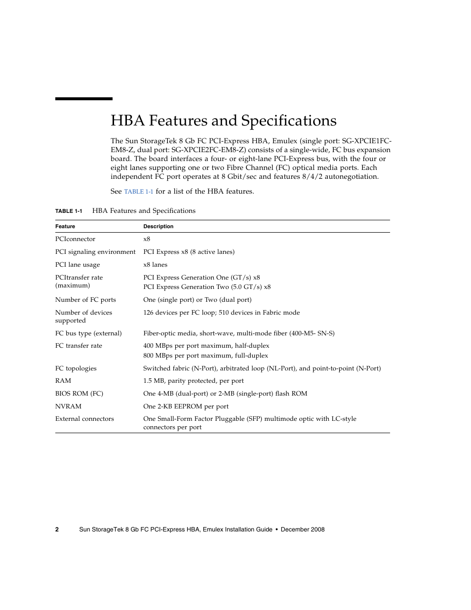 Hba features and specifications | Sun Microsystems SG-XPCIE1FC-EM8-Z User Manual | Page 28 / 56