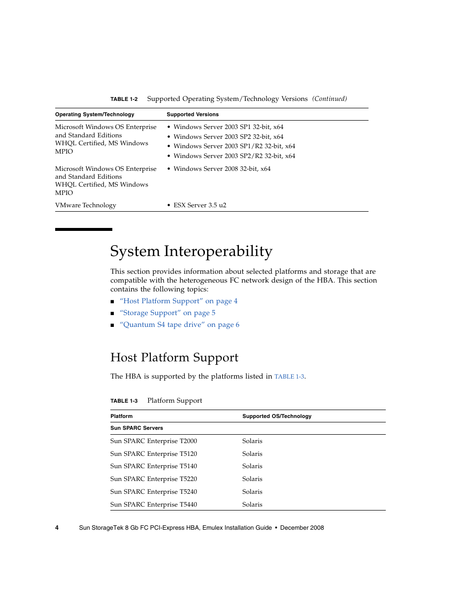 System interoperability, Host platform support | Sun Microsystems SG-XPCIE1FC-EM8-Z User Manual | Page 30 / 56