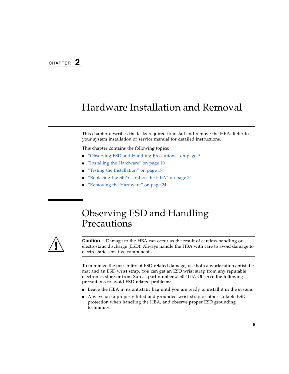 Hardware installation and removal, Observing esd and handling precautions | Sun Microsystems SG-XPCIE1FC-EM8-Z User Manual | Page 35 / 56