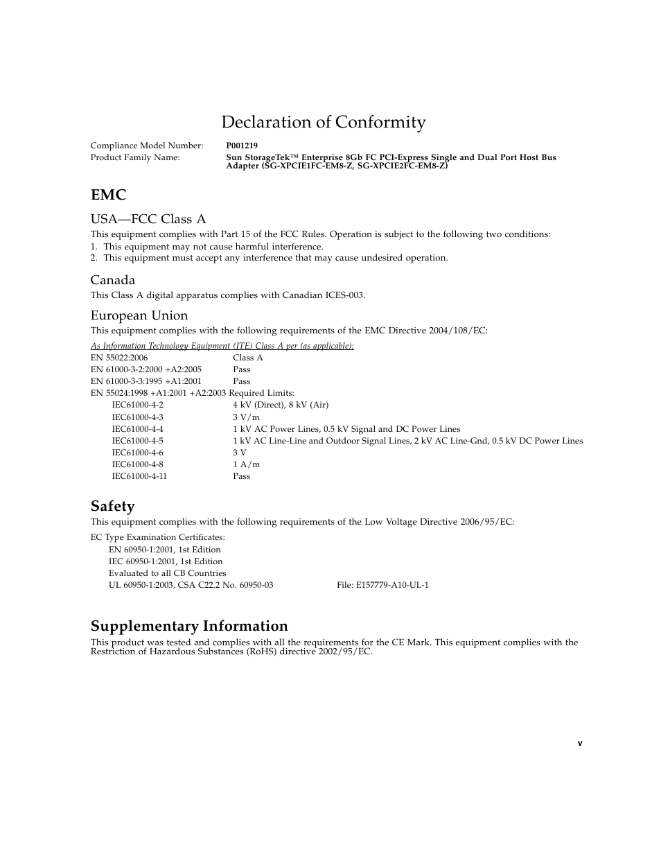 Declaration of conformity, Usa-fcc class a, Canada | European union, Safety, Supplementary information, Usa—fcc class a | Sun Microsystems SG-XPCIE1FC-EM8-Z User Manual | Page 5 / 56