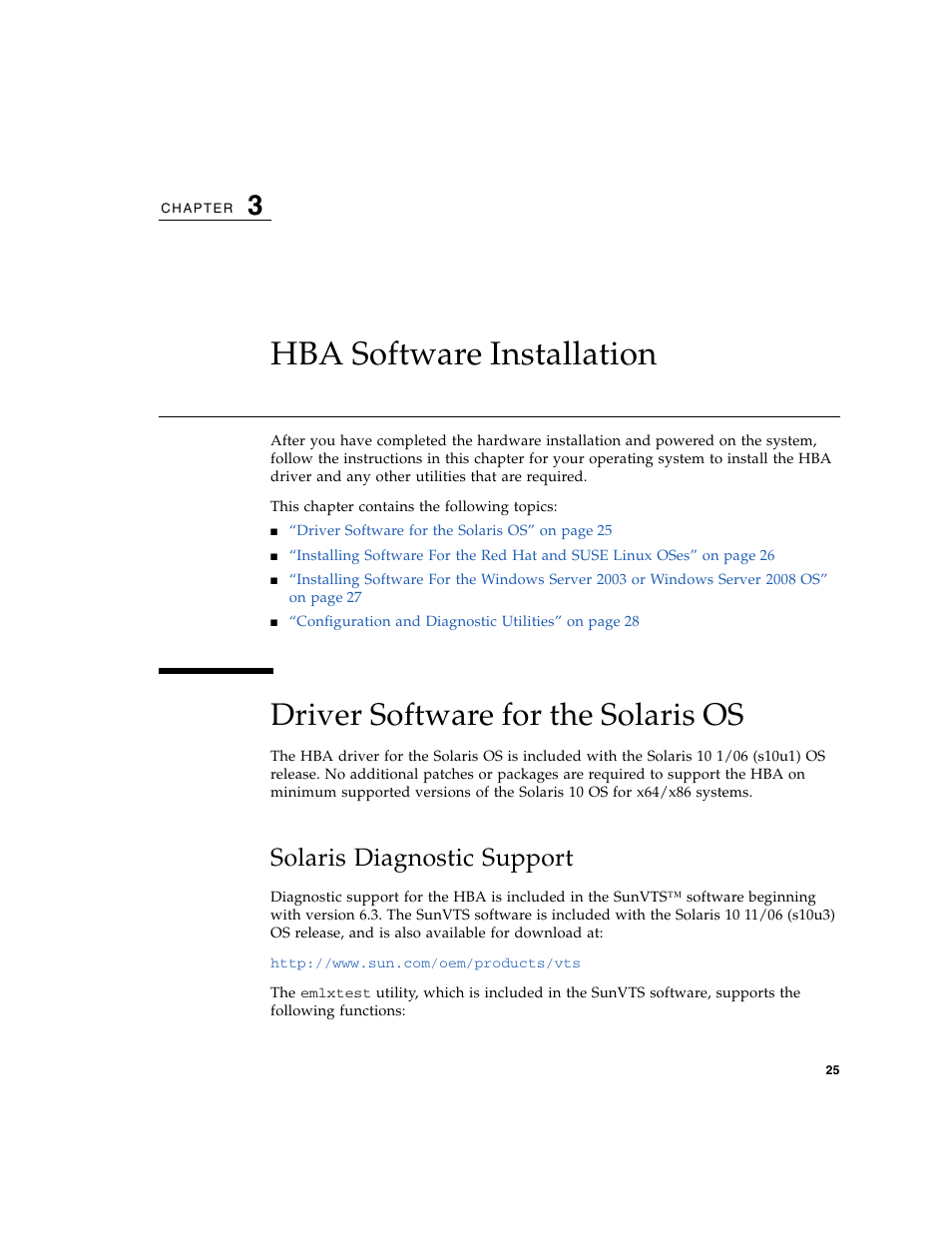 Hba software installation, Driver software for the solaris os, Solaris diagnostic support | Sun Microsystems SG-XPCIE1FC-EM8-Z User Manual | Page 51 / 56