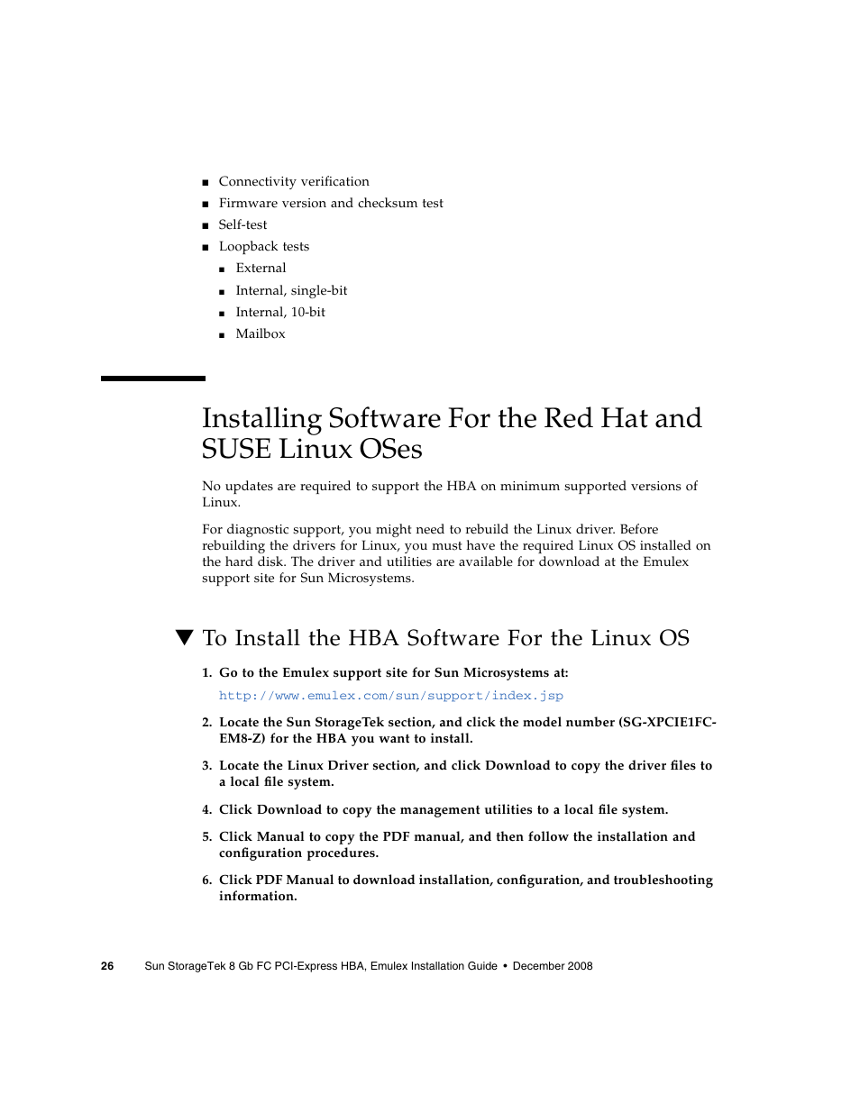 To install the hba software for the linux os | Sun Microsystems SG-XPCIE1FC-EM8-Z User Manual | Page 52 / 56