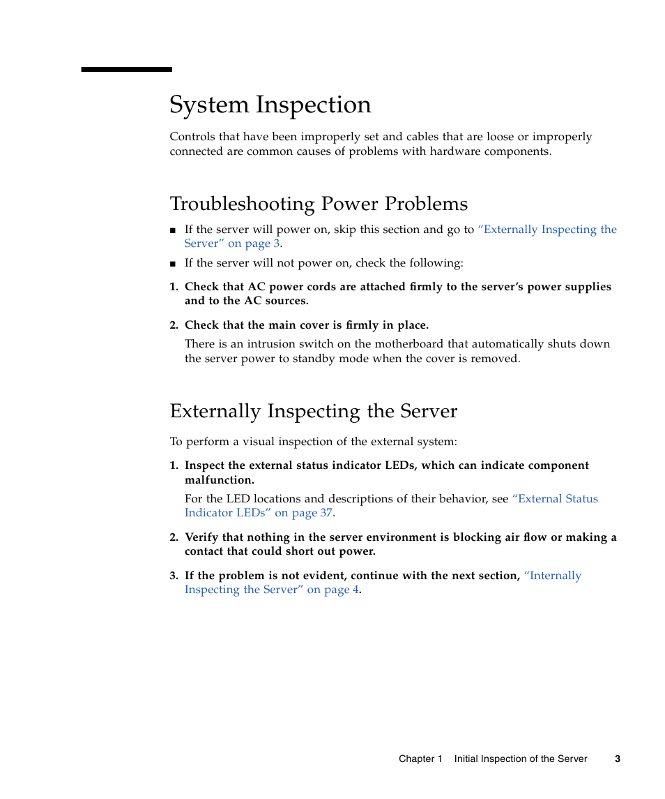 System inspection, Troubleshooting power problems, Externally inspecting the server | Sun Microsystems Sun Fire X4240 User Manual | Page 13 / 80