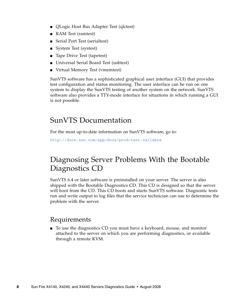 Sunvts documentation, Requirements | Sun Microsystems Sun Fire X4240 User Manual | Page 18 / 80