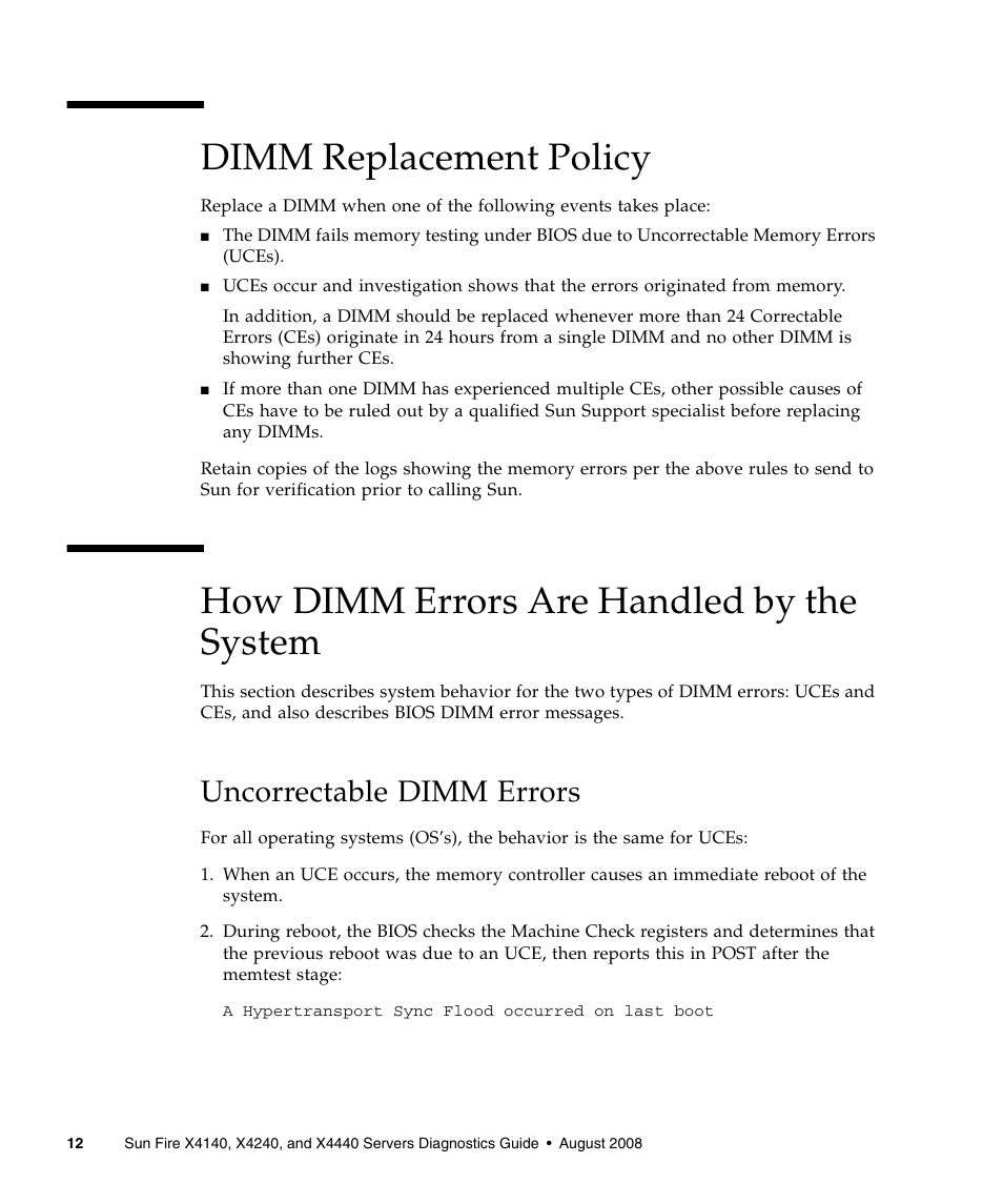 Dimm replacement policy, How dimm errors are handled by the system, Uncorrectable dimm errors | Sun Microsystems Sun Fire X4240 User Manual | Page 22 / 80