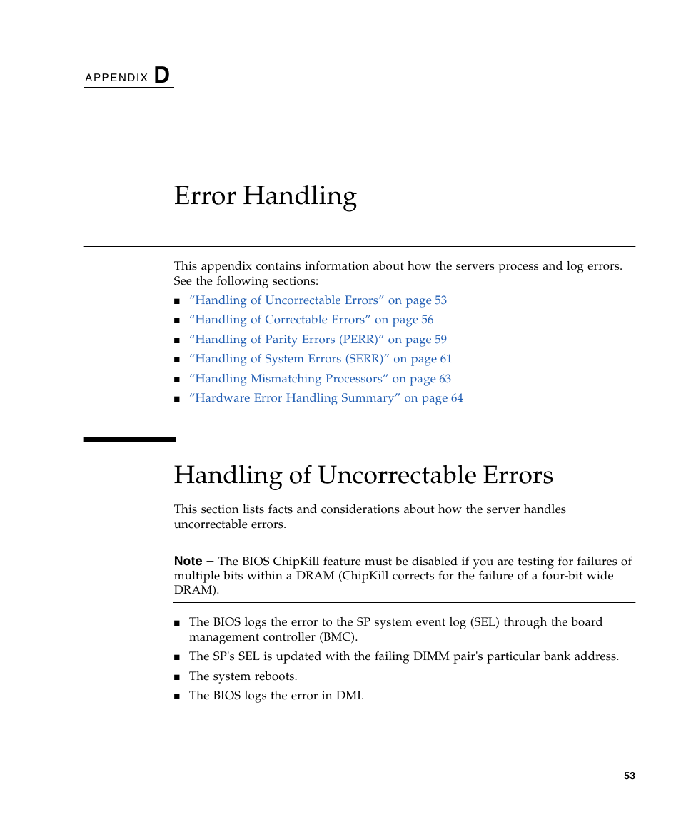 Error handling, Handling of uncorrectable errors | Sun Microsystems Sun Fire X4240 User Manual | Page 63 / 80