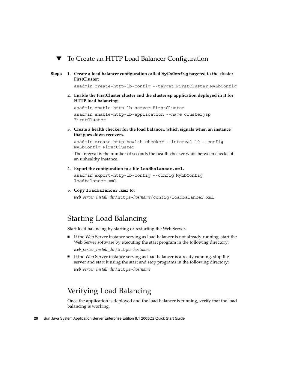 To create an http load balancer configuration, Starting load balancing, Verifying load balancing | Sun Microsystems 2005Q2 User Manual | Page 20 / 38