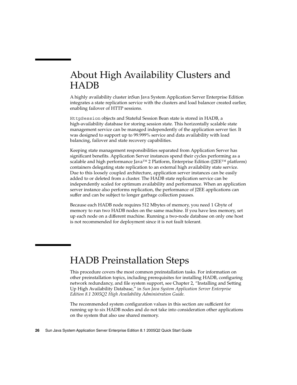 About high availability clusters and hadb, Hadb preinstallation steps | Sun Microsystems 2005Q2 User Manual | Page 26 / 38