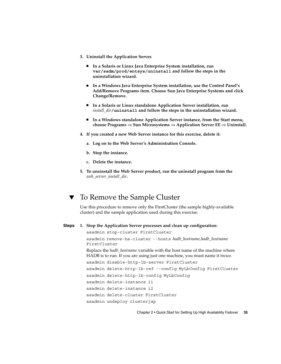 To remove the sample cluster, To remove the sample | Sun Microsystems 2005Q2 User Manual | Page 35 / 38