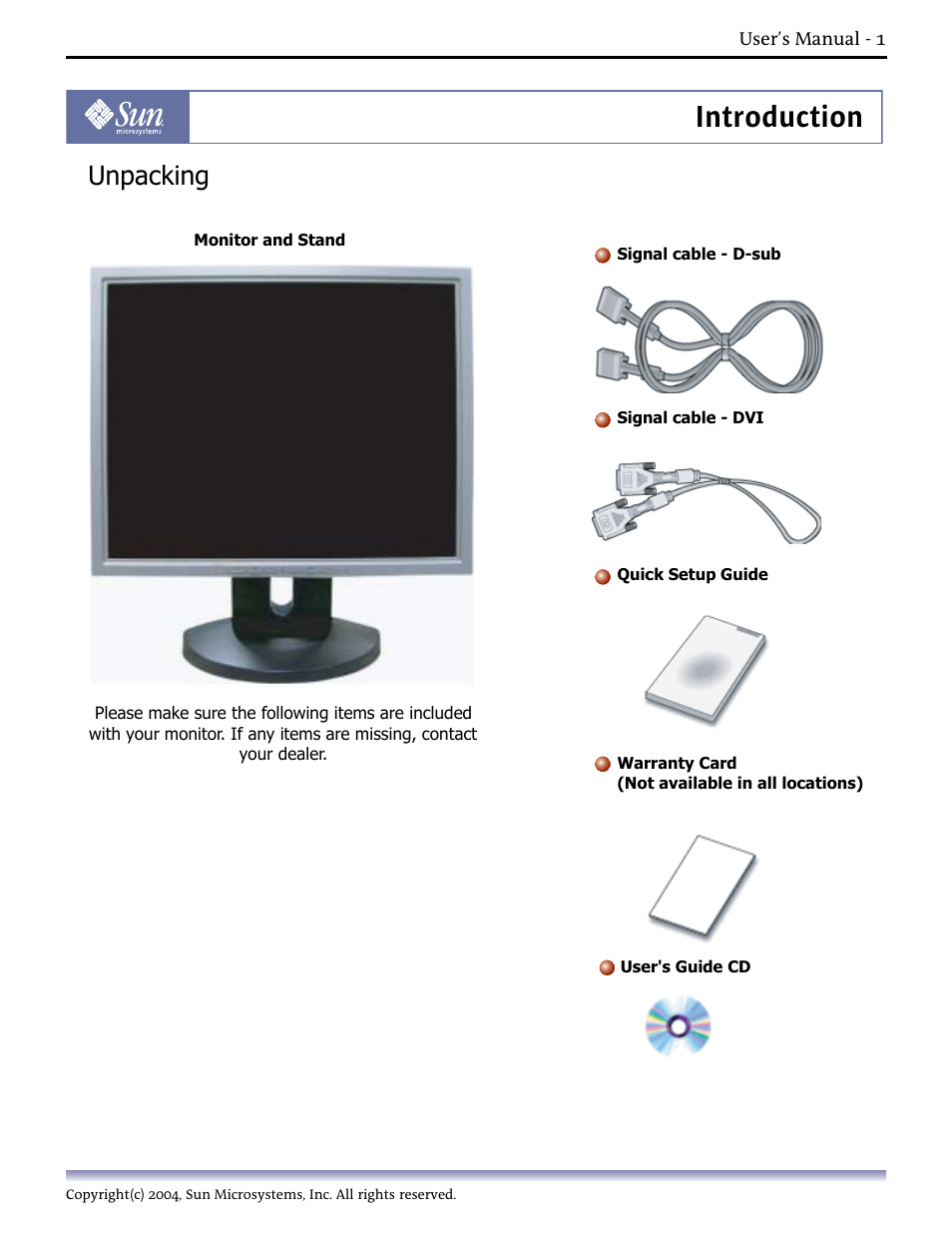 Introduction, Unpacking, 1.unpacking | Sun Microsystems Computer Monitor User Manual | Page 11 / 43