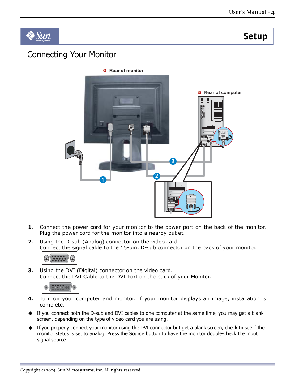 Setup, Connecting your monitor, 1.connecting your monitor | Sun Microsystems Computer Monitor User Manual | Page 14 / 43