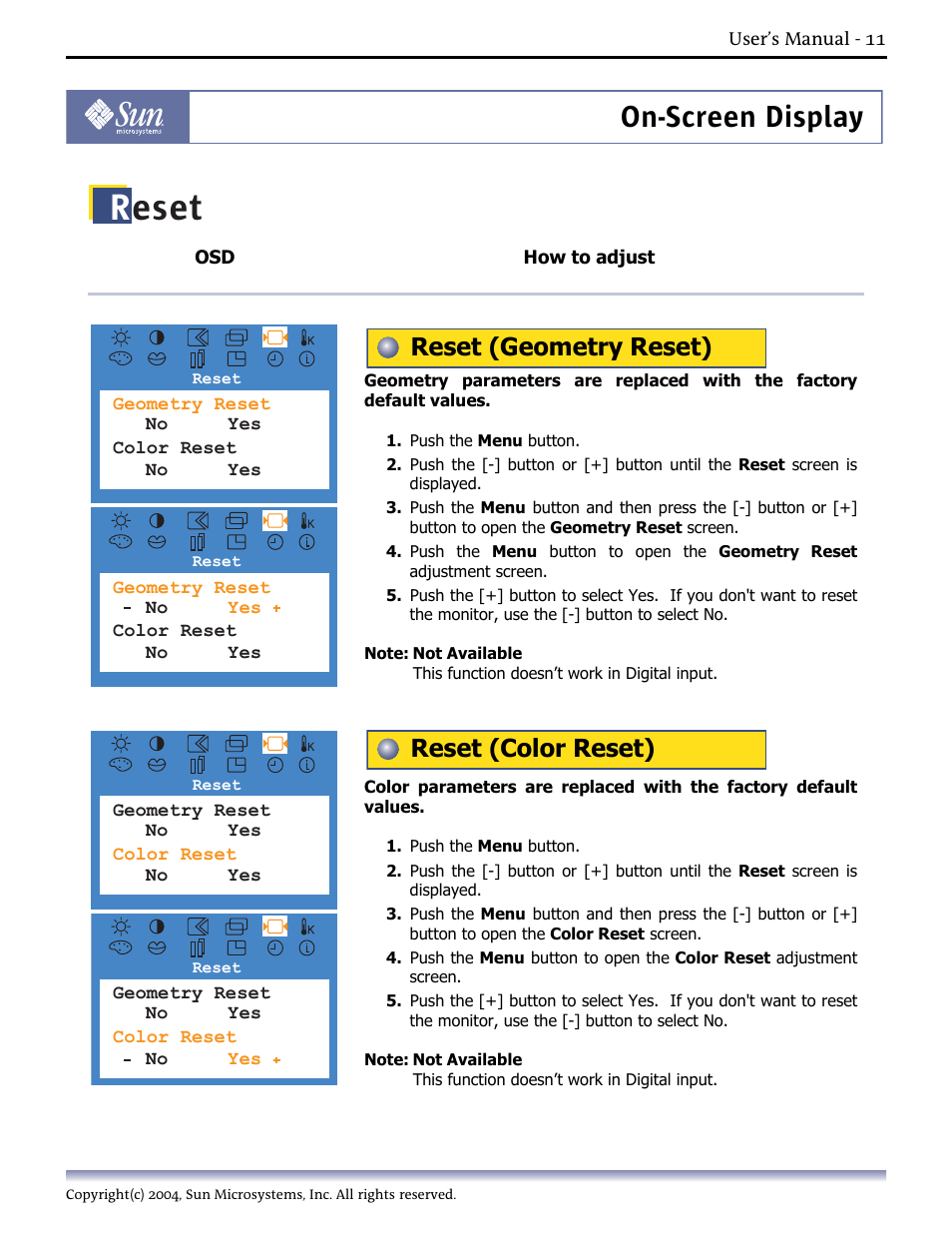 Reset (geometry reset), Reset (color reset), Reset | On-screen display | Sun Microsystems Computer Monitor User Manual | Page 21 / 43