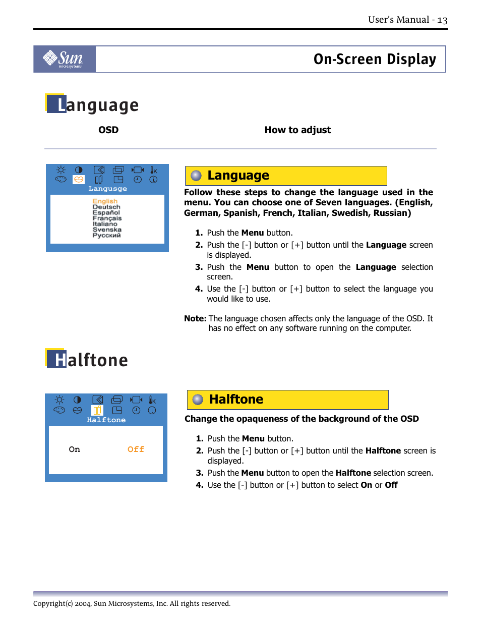 Language, Halftone, On-screen display | Sun Microsystems Computer Monitor User Manual | Page 23 / 43