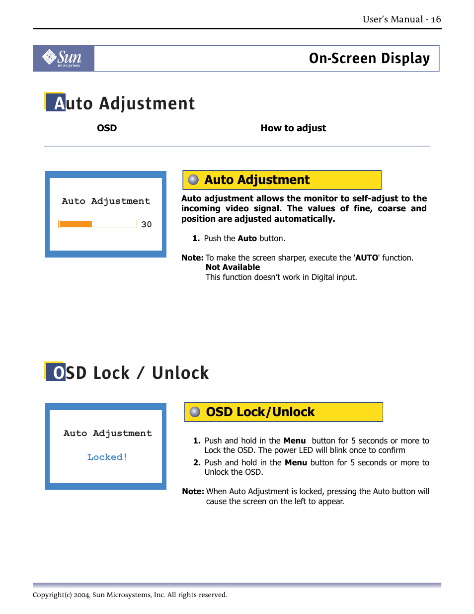 Auto adjustment, Osd lock/unlock, Osd lock / unlock | On-screen display | Sun Microsystems Computer Monitor User Manual | Page 26 / 43