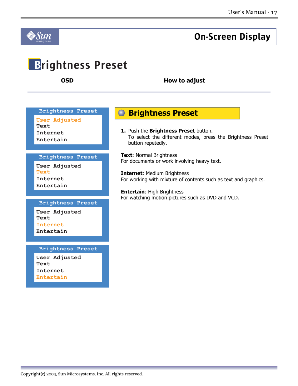 Brightness preset, On-screen display | Sun Microsystems Computer Monitor User Manual | Page 27 / 43