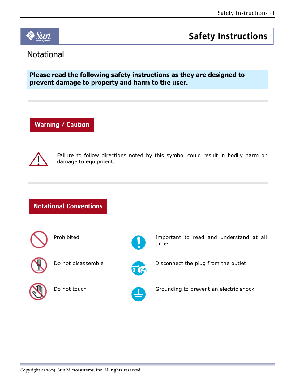 Safety instructions, Notational, Warning / caution notational conventions | Sun Microsystems Computer Monitor User Manual | Page 3 / 43
