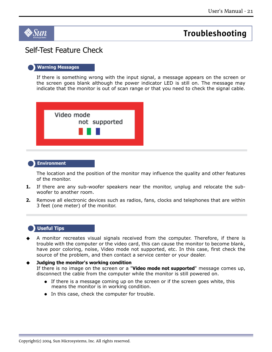 Troubleshooting, Self-test feature check | Sun Microsystems Computer Monitor User Manual | Page 31 / 43