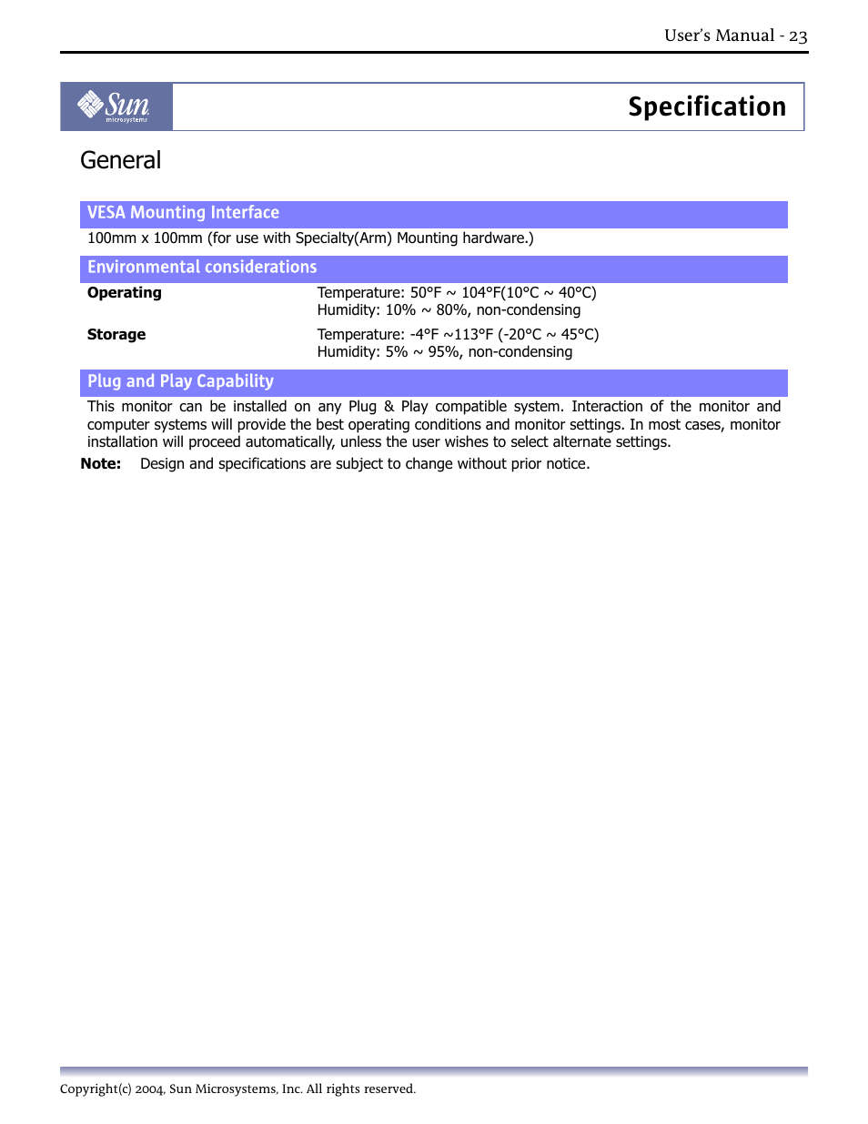 Specification, General | Sun Microsystems Computer Monitor User Manual | Page 33 / 43