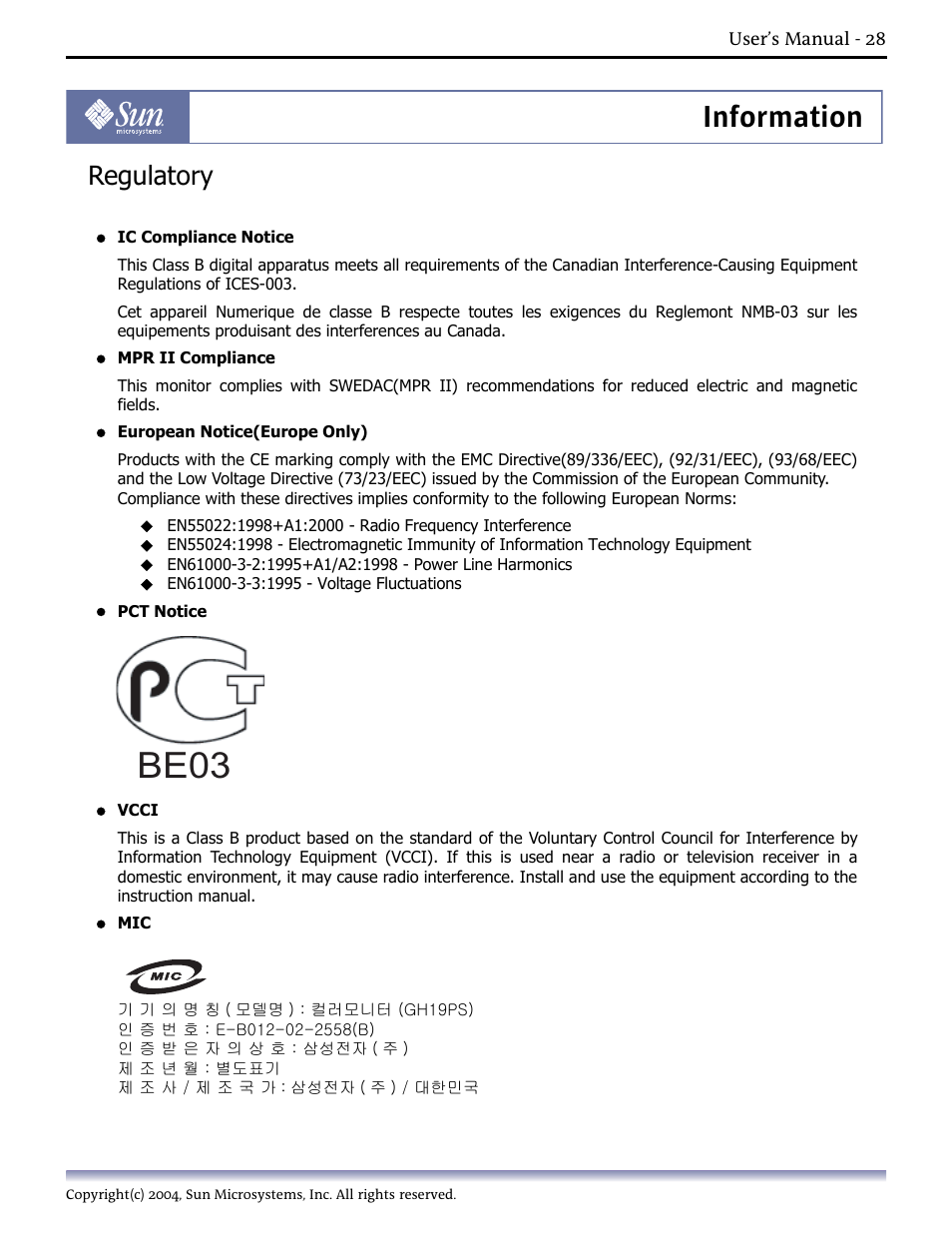 Be03, Information, Regulatory | Sun Microsystems Computer Monitor User Manual | Page 38 / 43