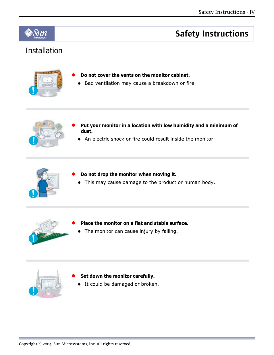 Installation, Safety instructions | Sun Microsystems Computer Monitor User Manual | Page 6 / 43