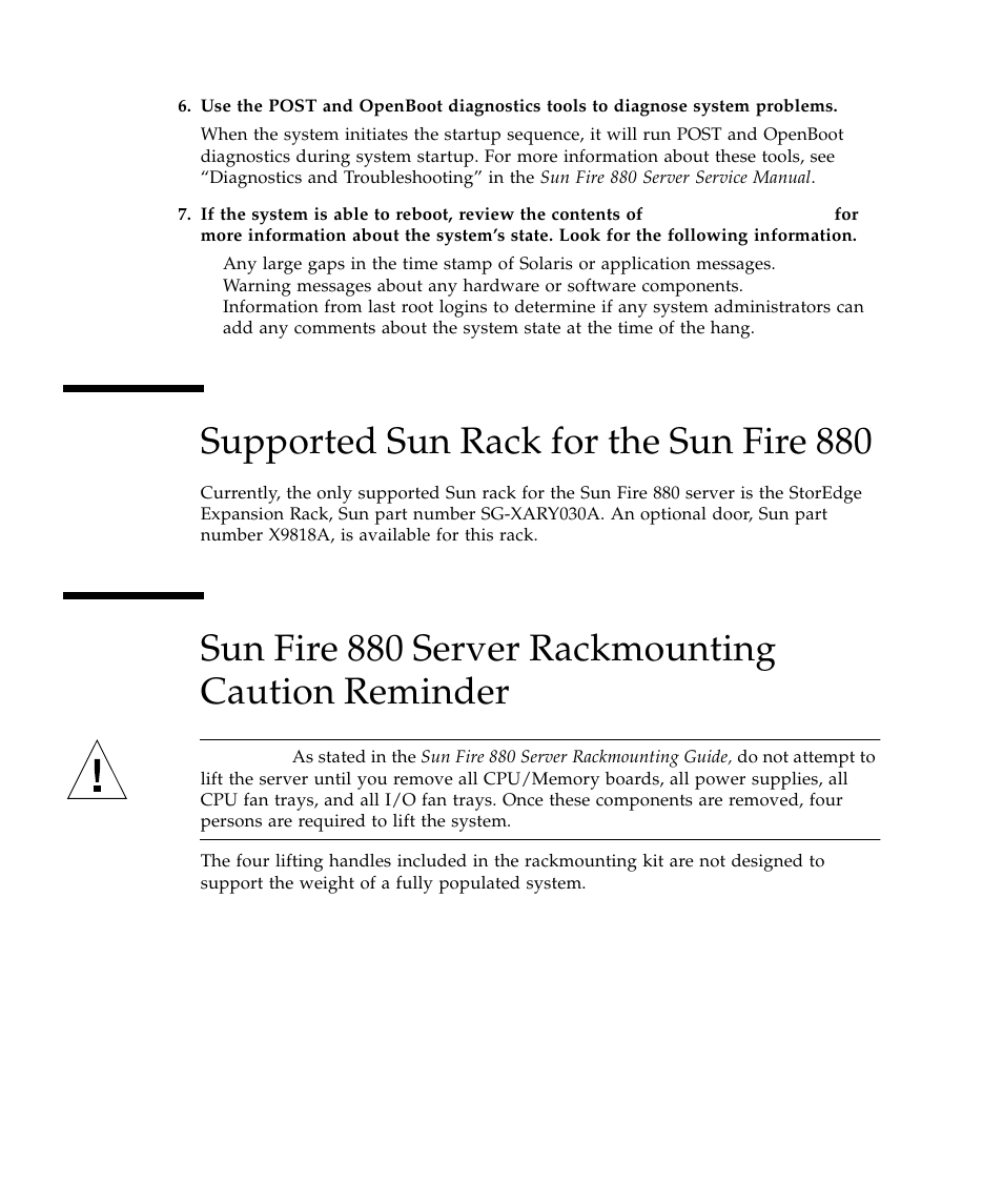 Supported sun rack for the sun fire 880, Sun fire 880 server rackmounting caution reminder | Sun Microsystems Sun Fire 880 User Manual | Page 18 / 34