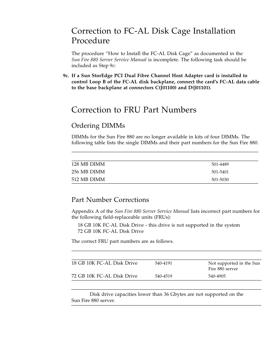 Correction to fru part numbers, Ordering dimms, Part number corrections | Sun Microsystems Sun Fire 880 User Manual | Page 21 / 34