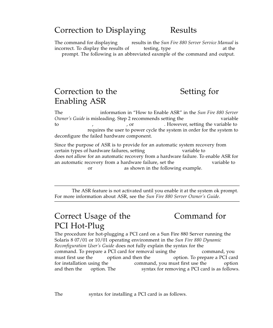 Correction to displaying post results, Correction to displaying, Correction to the | Diag-trigger, Correct usage of the, Ifconfig | Sun Microsystems Sun Fire 880 User Manual | Page 24 / 34