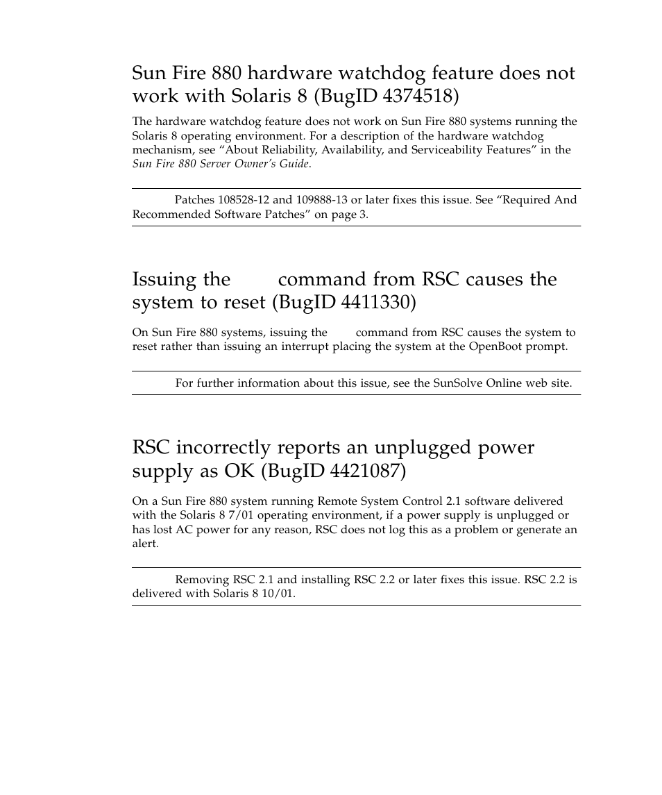 Bugid 4374518), Issuing the, Bugid 4421087) | Sun Microsystems Sun Fire 880 User Manual | Page 26 / 34