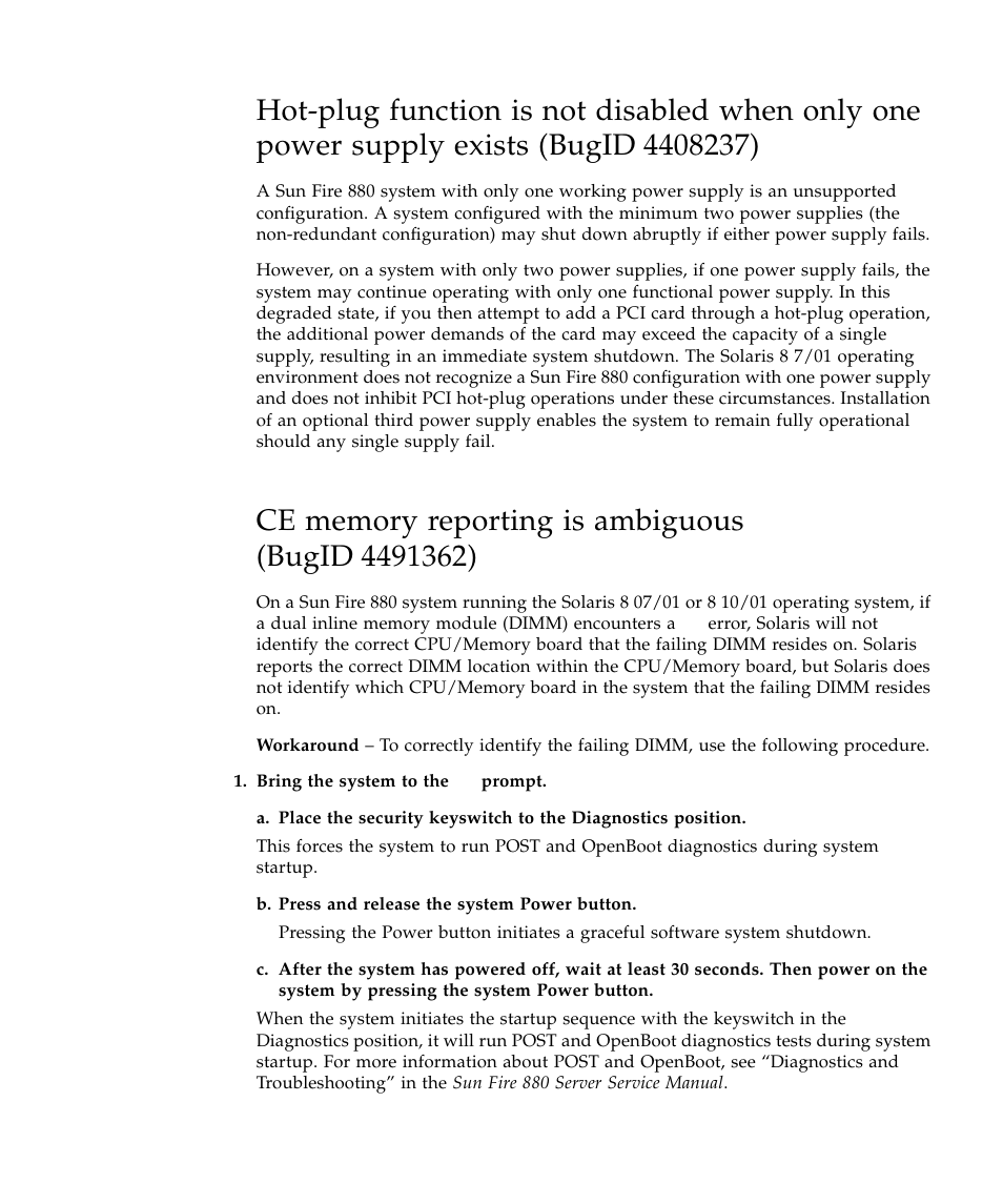 Ce memory reporting is ambiguous (bugid4491362), Bugid 4408237), Ce memory reporting is ambiguous (bugid 4491362) | Sun Microsystems Sun Fire 880 User Manual | Page 31 / 34
