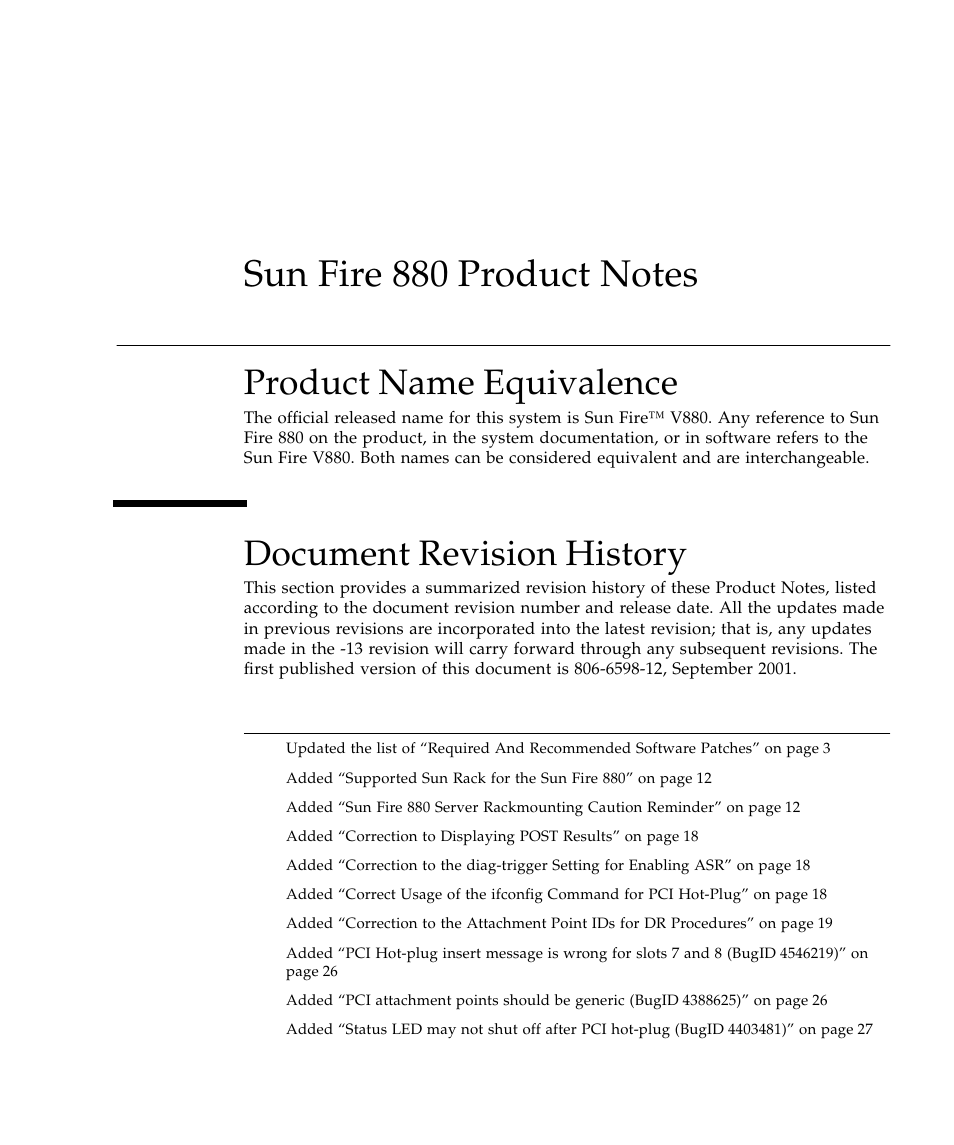 Product name equivalence, Document revision history | Sun Microsystems Sun Fire 880 User Manual | Page 7 / 34