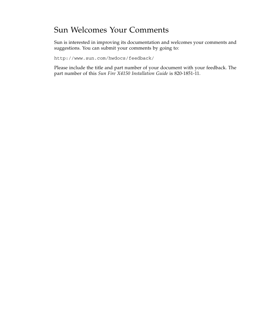 Sun welcomes your comments | Sun Microsystems Sun Fire X4150 Server User Manual | Page 10 / 80