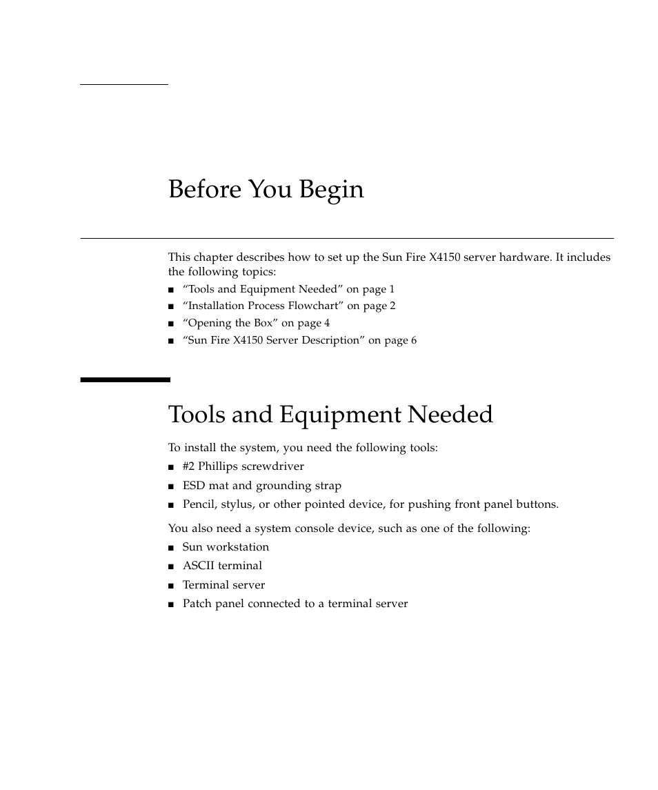 Before you begin, Tools and equipment needed, Chapter 1 | Sun Microsystems Sun Fire X4150 Server User Manual | Page 11 / 80