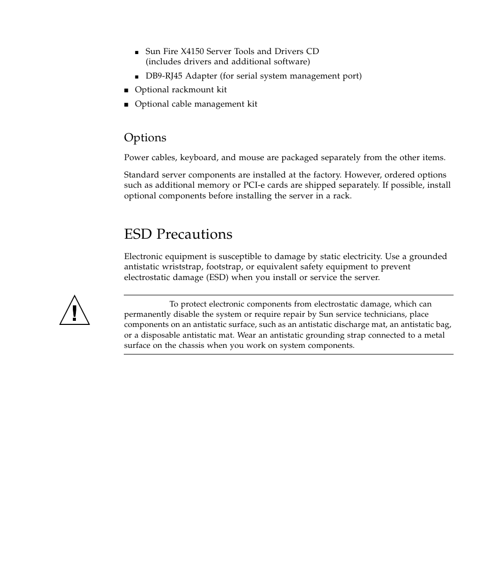 Options, Esd precautions | Sun Microsystems Sun Fire X4150 Server User Manual | Page 15 / 80