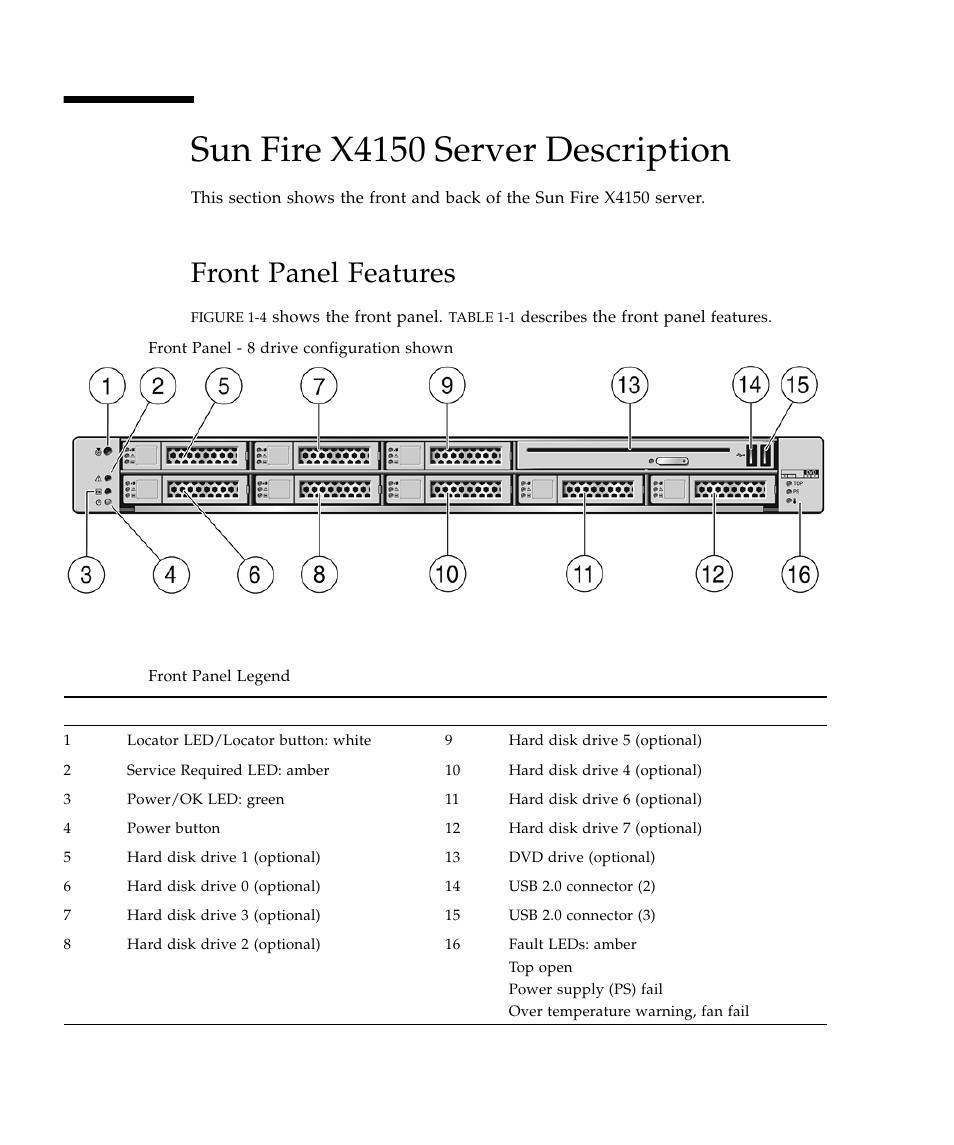 Sun fire x4150 server description, Front panel features | Sun Microsystems Sun Fire X4150 Server User Manual | Page 16 / 80