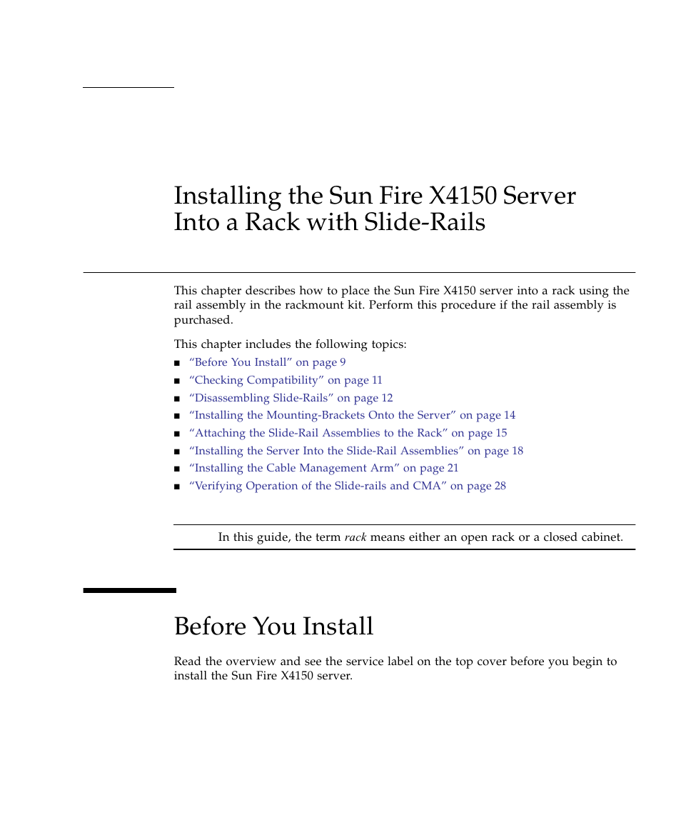 Before you install, Chapter 2, Installing the sun fire x4150 server into | Sun Microsystems Sun Fire X4150 Server User Manual | Page 19 / 80