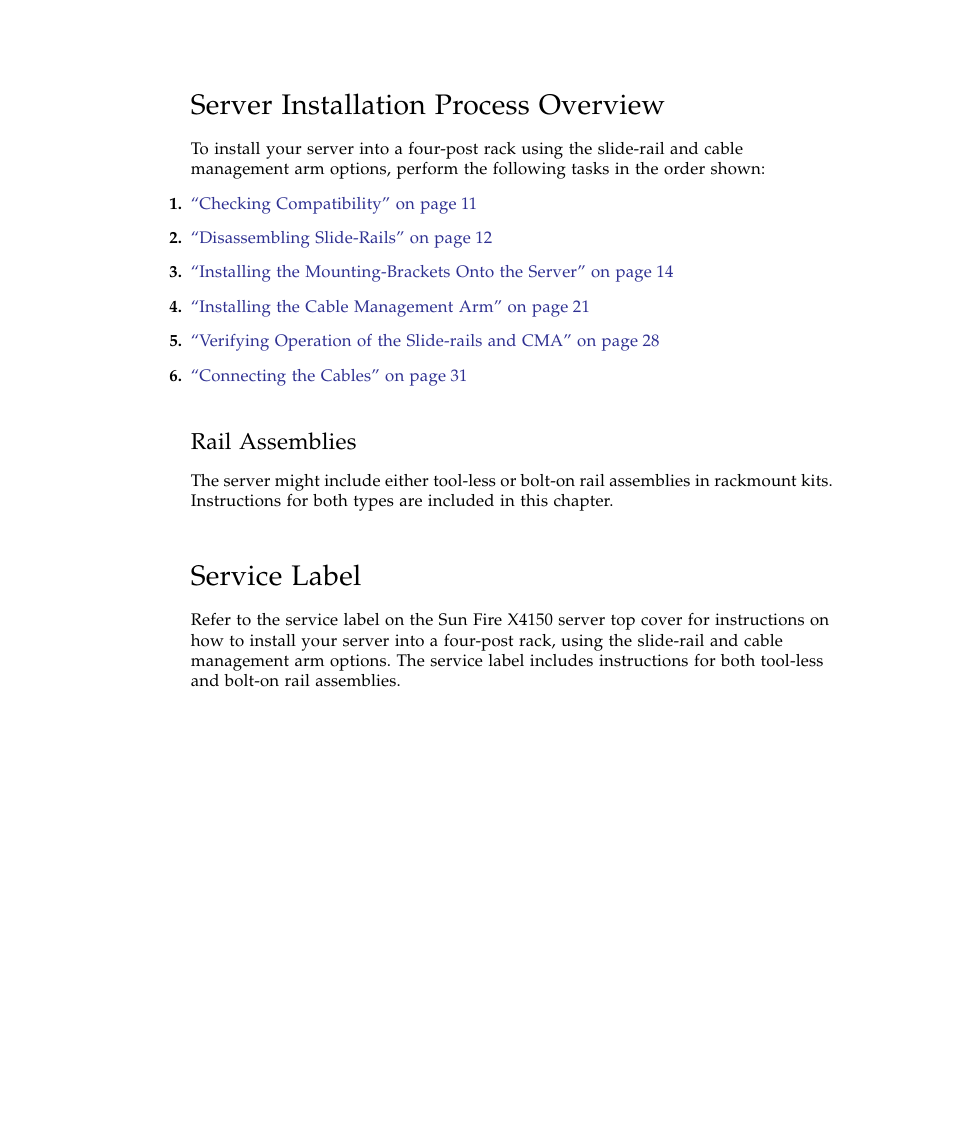 Server installation process overview, Rail assemblies, Service label | Sun Microsystems Sun Fire X4150 Server User Manual | Page 20 / 80