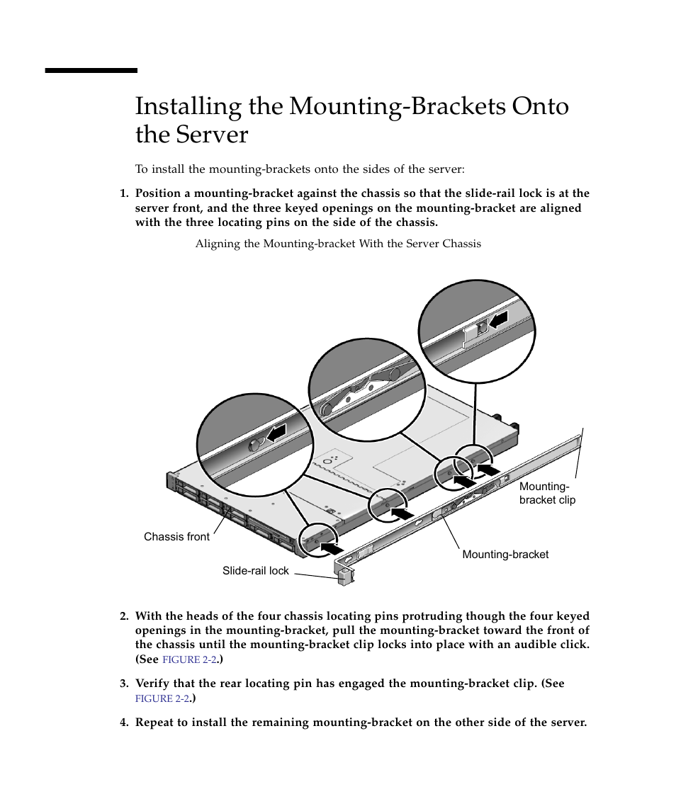 Installing the mounting-brackets onto the server | Sun Microsystems Sun Fire X4150 Server User Manual | Page 24 / 80